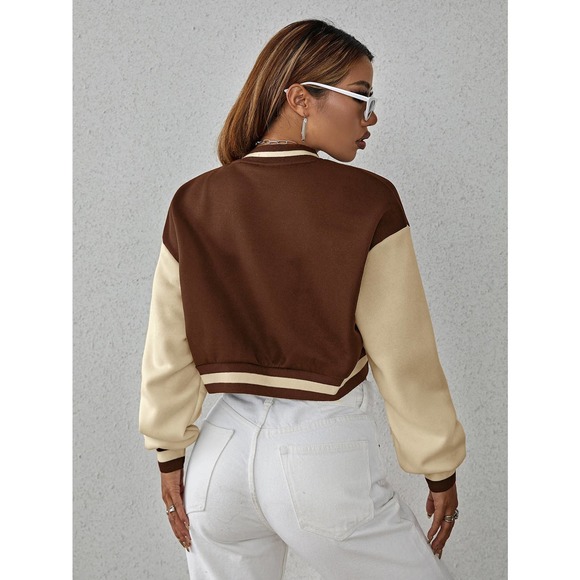 Drop Shoulder Two Tone Crop Bomber Jacket preppy black white - Picture 7 of 11